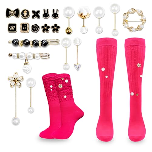 2 Pairs White Slouch Socks with 21 Pcs Sock Charms Pins Jewelry for DIY Socks Shoes Hat Clothing Accessories (White)