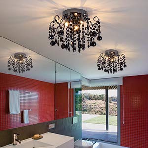 Q&S Crystal Ceiling Light Fixture, 3-Lights Chandelier, Metal, Black, Model P2001-3BK, Flush Mount for Bedroom, Hallway, Stairs