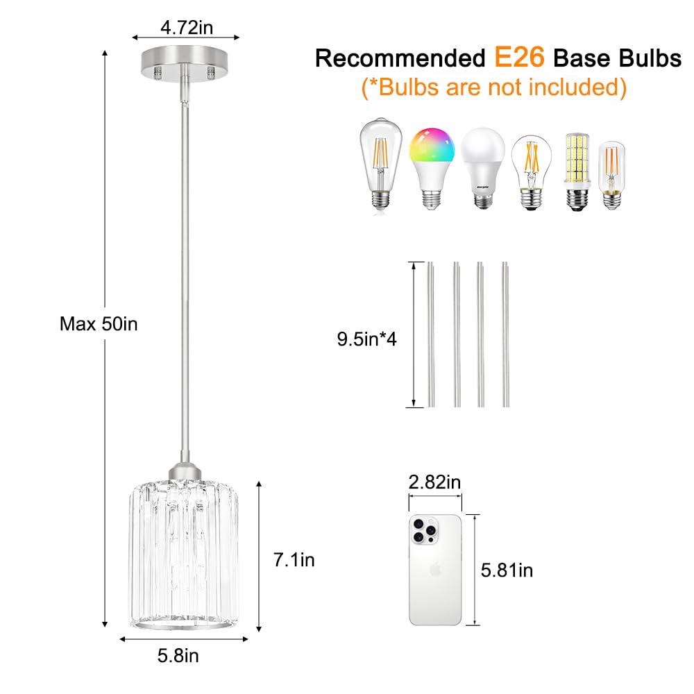 Chrome Kitchen Pendant Lights Over Island With Adjustable Rods - Crystal Pendant Lighting Fixtures For Sloped Ceiling Ideal Over Dining Table Or Bar E26 Bulb Compatible No Electrician Needed