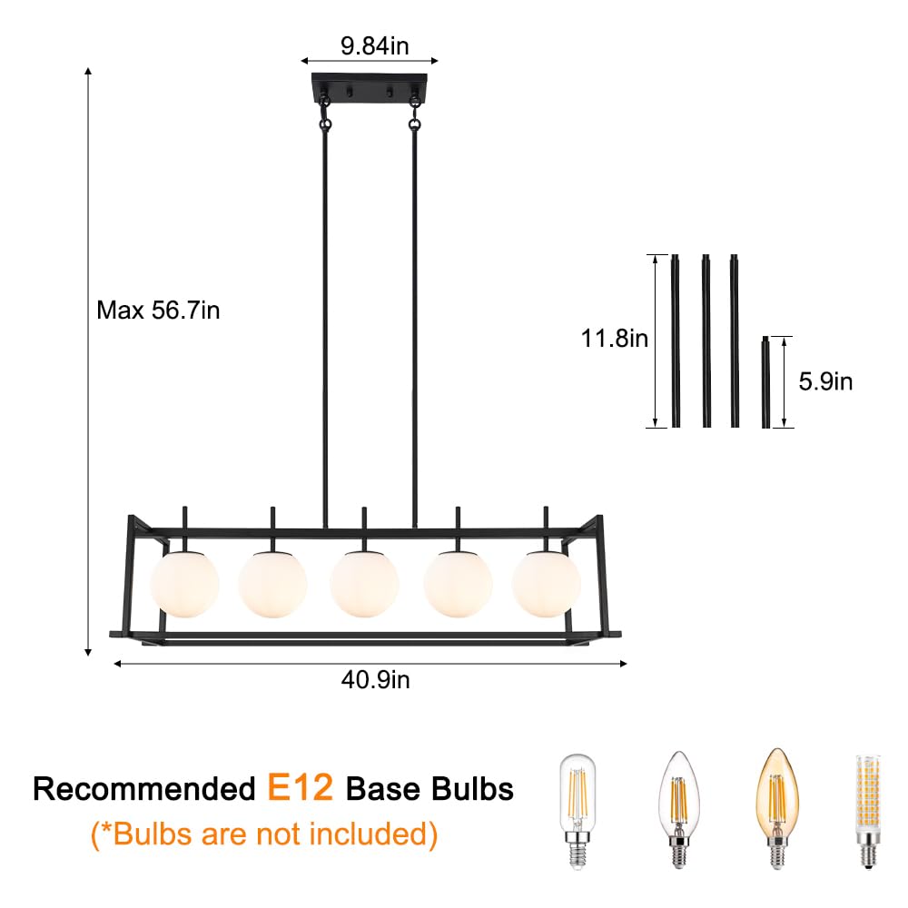 Dsmjfu Black Farmhouse Rectangular Chandelier For Dining Room 5-Light Linear Pendant Lighting Rectangular Kitchen Island Light With Milky White Glass Ball Shades Adjustable Height Hanging Lighting