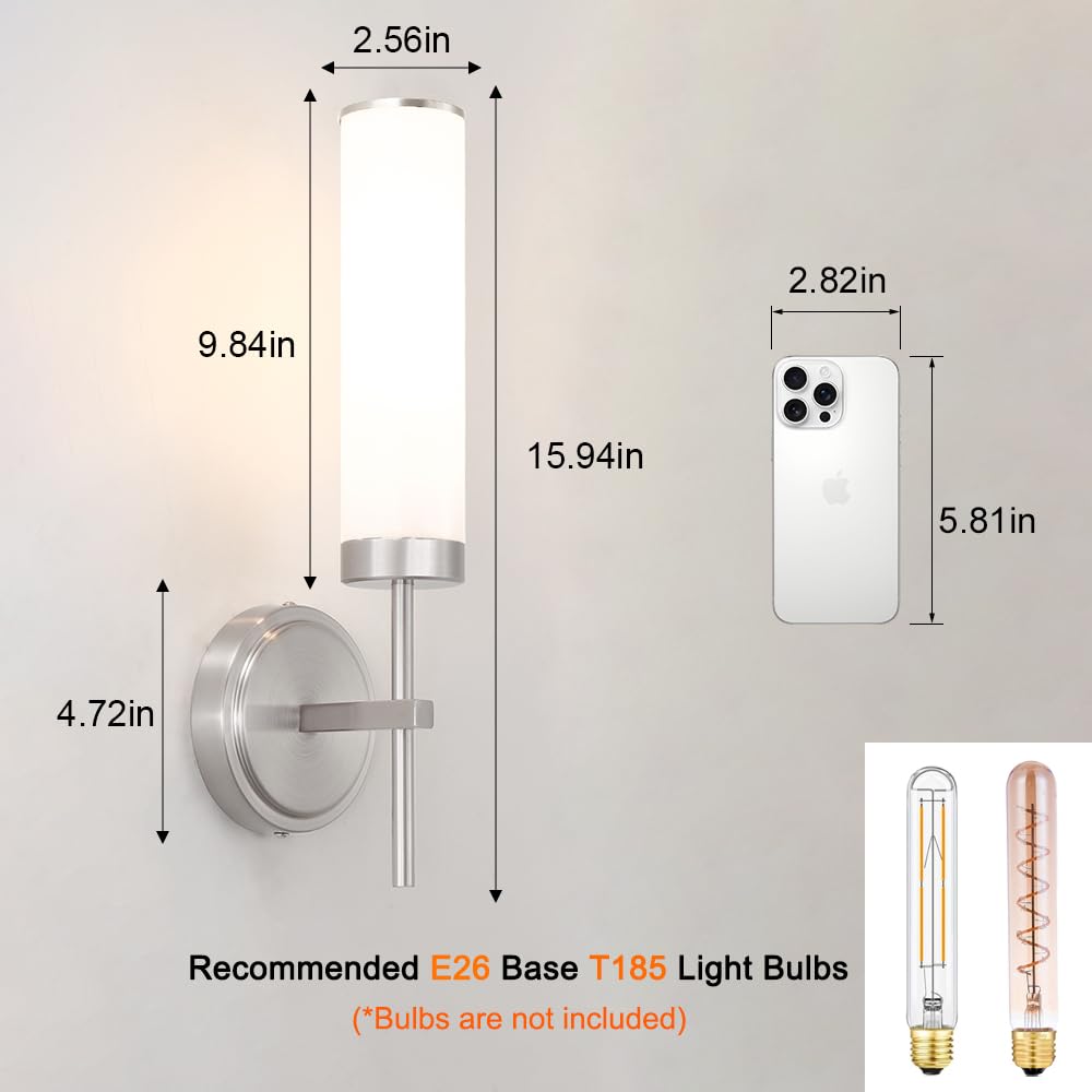 Brushed Nickel Wall Sconces Set Of 2 Modern Bathroom Sconces Wall Lighting With Opal White Glass Vanity Light Fixtures For Bathroom Wall Mount Lights For Living Room Bedroom Hallway Hardwired