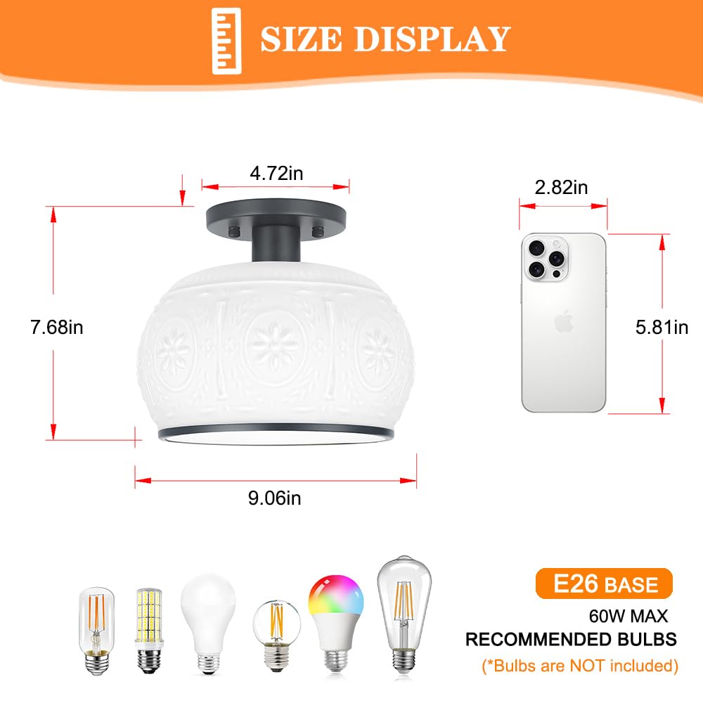 Oiyio Matte Black Semi Flush Mount Ceiling Light With Milk Glass Shade Hallway Lighting Fixtures Vintage Ceiling Light For Kitchen Bedroom Closet Entryway Porch