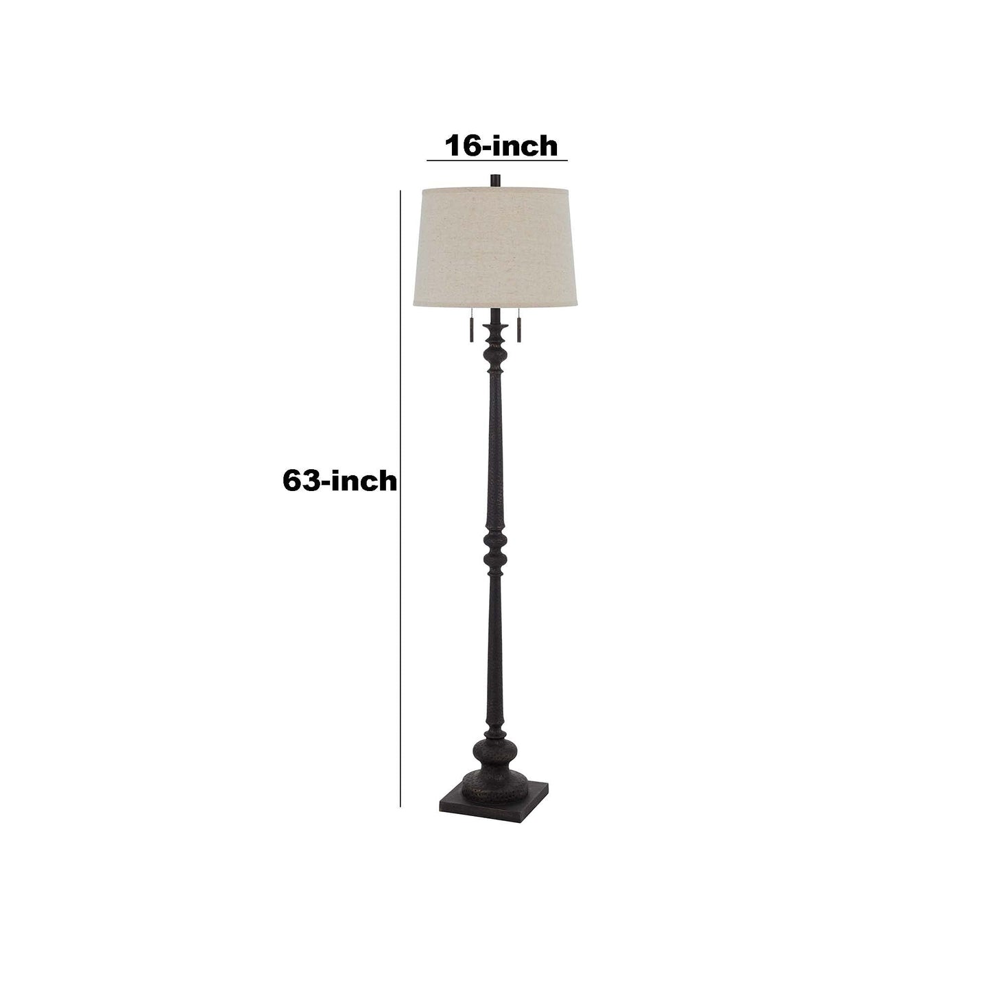 Benzara Floor Lamp with Tubular Resin Support, Pull Chain, Dark Bronze, Model BM241868, Plastic/Metal/Fabric