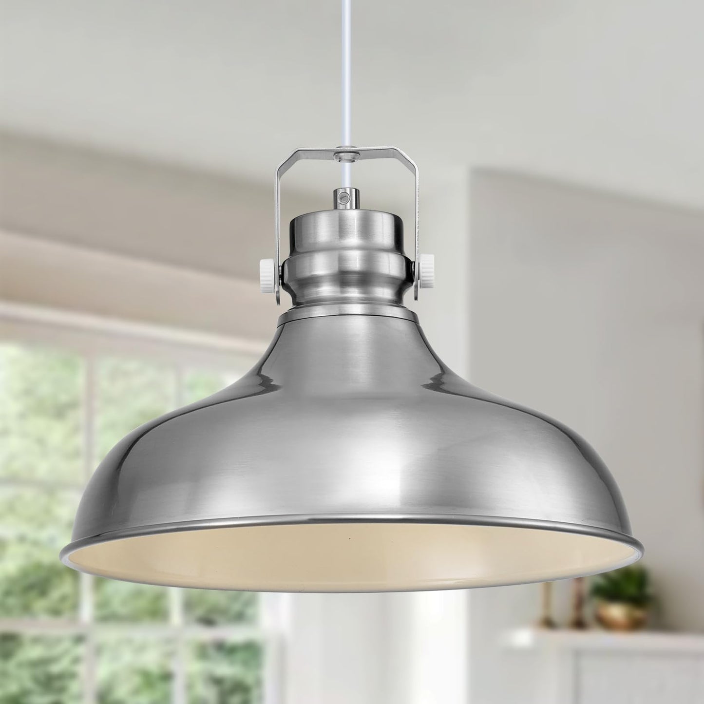 Alaislyc Brushed Nickel Farmhouse Pendant Lights Matte Pendant Lighting For Kitchen Island Industrial Adjustable Height Vintage Dome Hanging Light Fixtures For Barn Dining Room 3 Packs