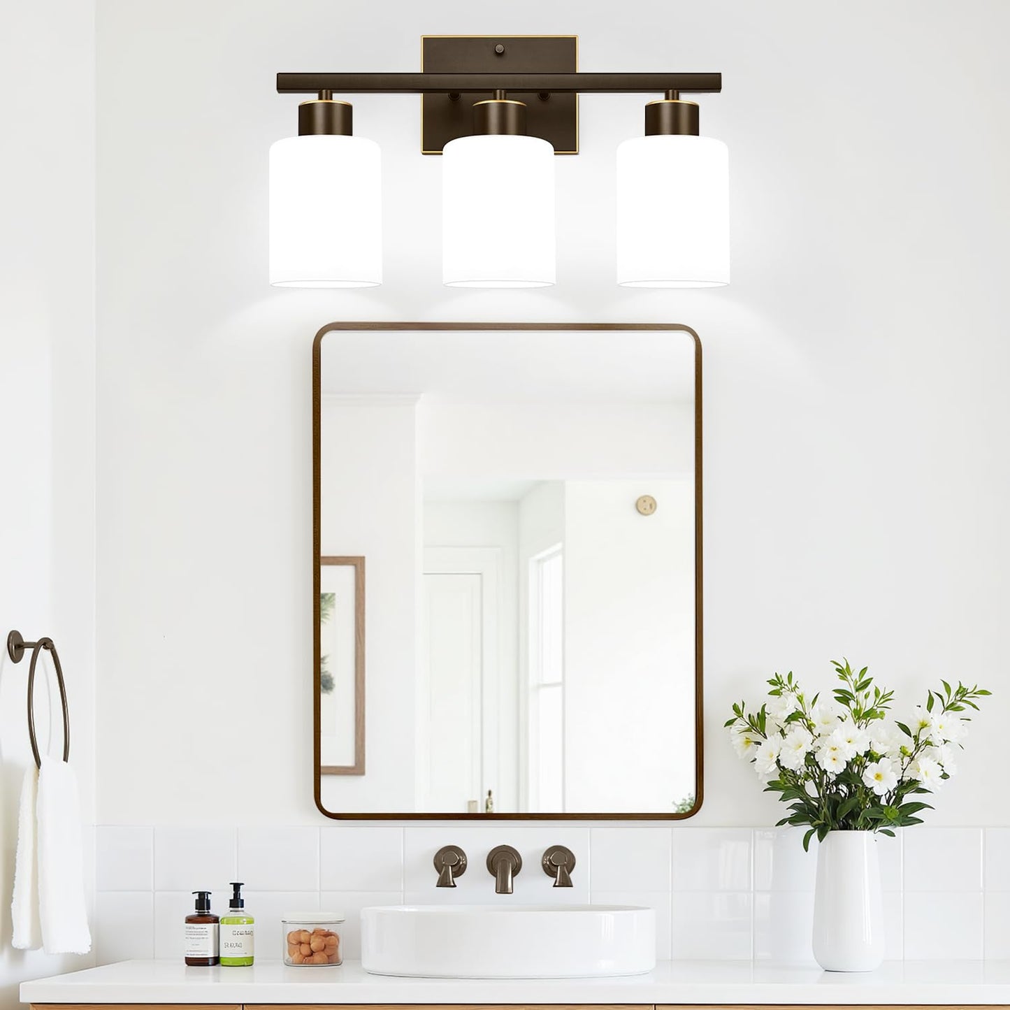 3-Light Bathroom Light Fixtures Brown And Gold Vanity Light With Milky White Frosted Glass Shades Modern Vanity Lighting Fixtures For Bathroom Mirror Bedroom Hallway Living Room