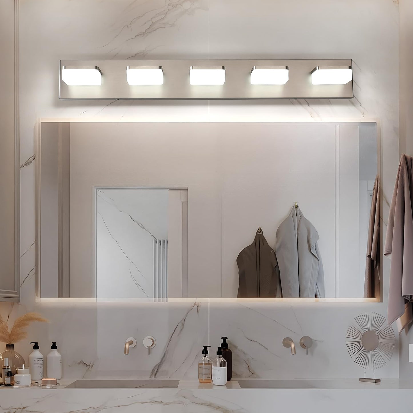 Bicrink Brushed Nickel Vanity Lights For Bathroom 5 Light Vanity Lighting Fixtures For Mirror 32 Adjustable 5500K Modern Led Vanity Light Over Mirror Bath Wall Lighting Fixtures