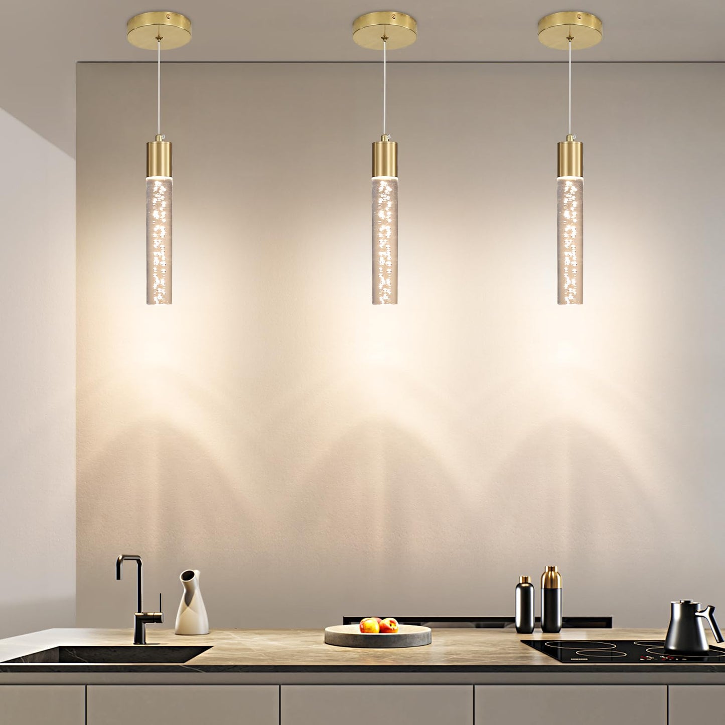 3 Pack Modern Kitchen Island Hanging Light Gold Led Pendant Lights Fixture Bubble Acrylic 3 Color Temperatures Mini Ceiling Chandelier Lighting For Dining Room Bedroom Foyer Entrance Cafe Bar