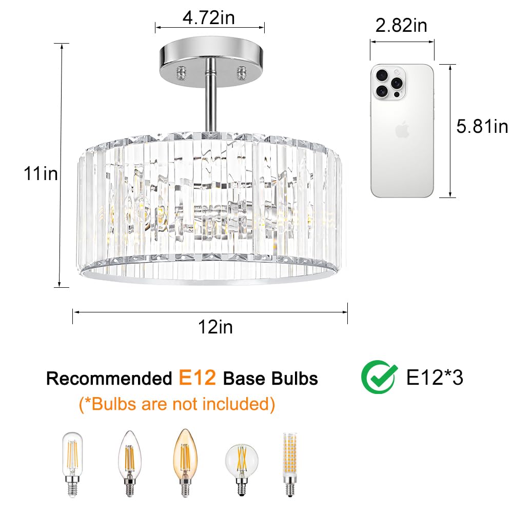 Lxybcce Modern Crystal Ceiling Light Chrome Semi Flush Mount Ceiling Lighting Fixture Hallway Light Fixtures Chandelier For Kitchen Bedroom Dining Room Hallway Closet 3-Light 12 Inch