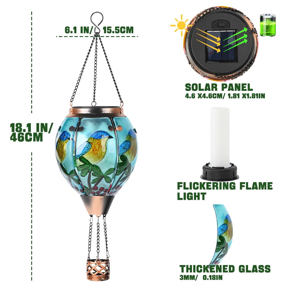 Hot Air Balloon Solar Lantern - Bluebird Glass Lantern Simulated Flickering & Dancing Flame Outdoor Hanging Yard Light Waterproof Ip65 For Patio Lawn Porch Decor Gift