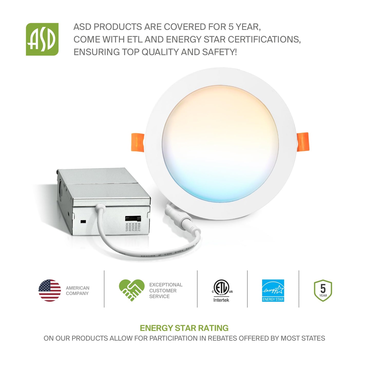 Asd 6 Pack Led Recessed Lighting 6 Inch 12W 5 Cct 2700K-5000K Cri90+ Ic Rated Ultra Thin Dimmable Ceiling Lights With J Box Canless Wafer Downlight Round Slim Panel Light Energy Star Etl White