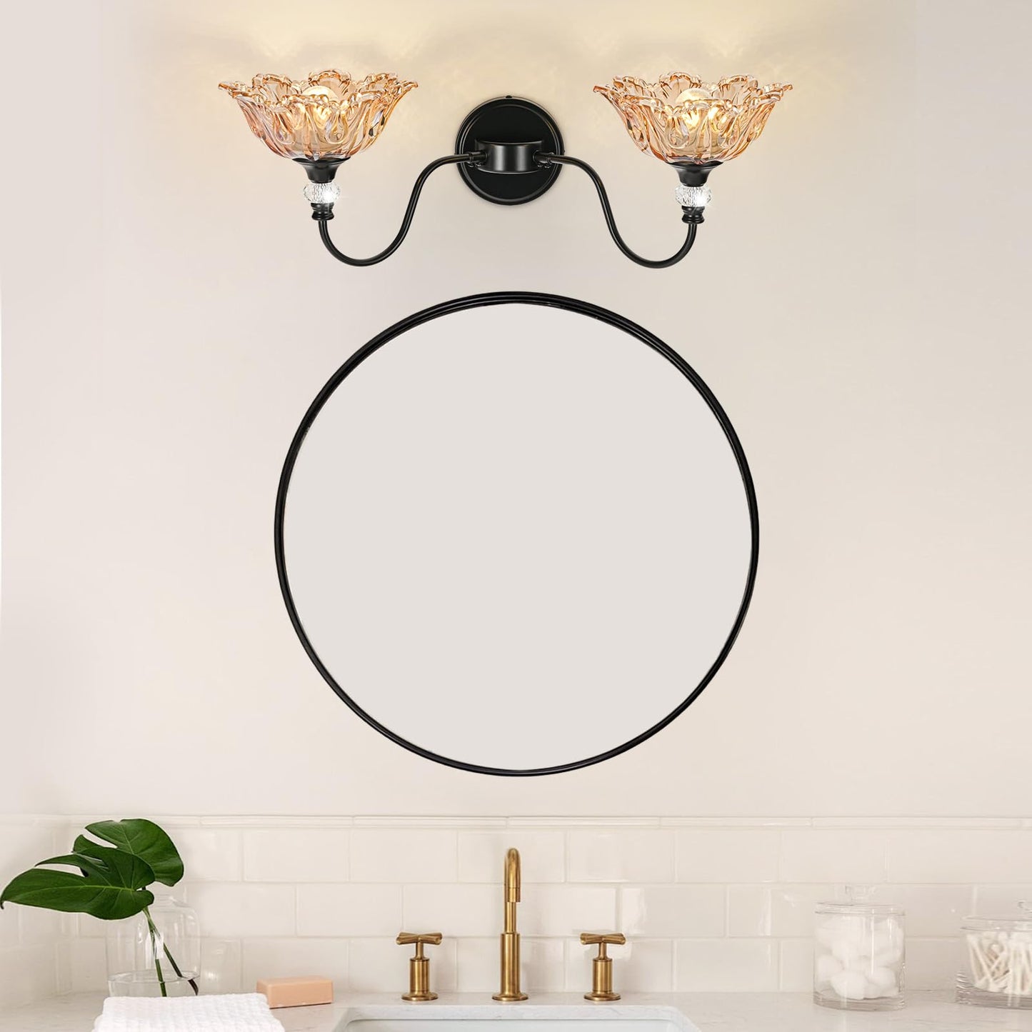 Sunkryster Black Bathroom Vanity Light 2-Light Vanity Light With Floral Amber Glass Shades Vintage Farmhouse Wall Mount Lighting For Bathroom Dressing Table