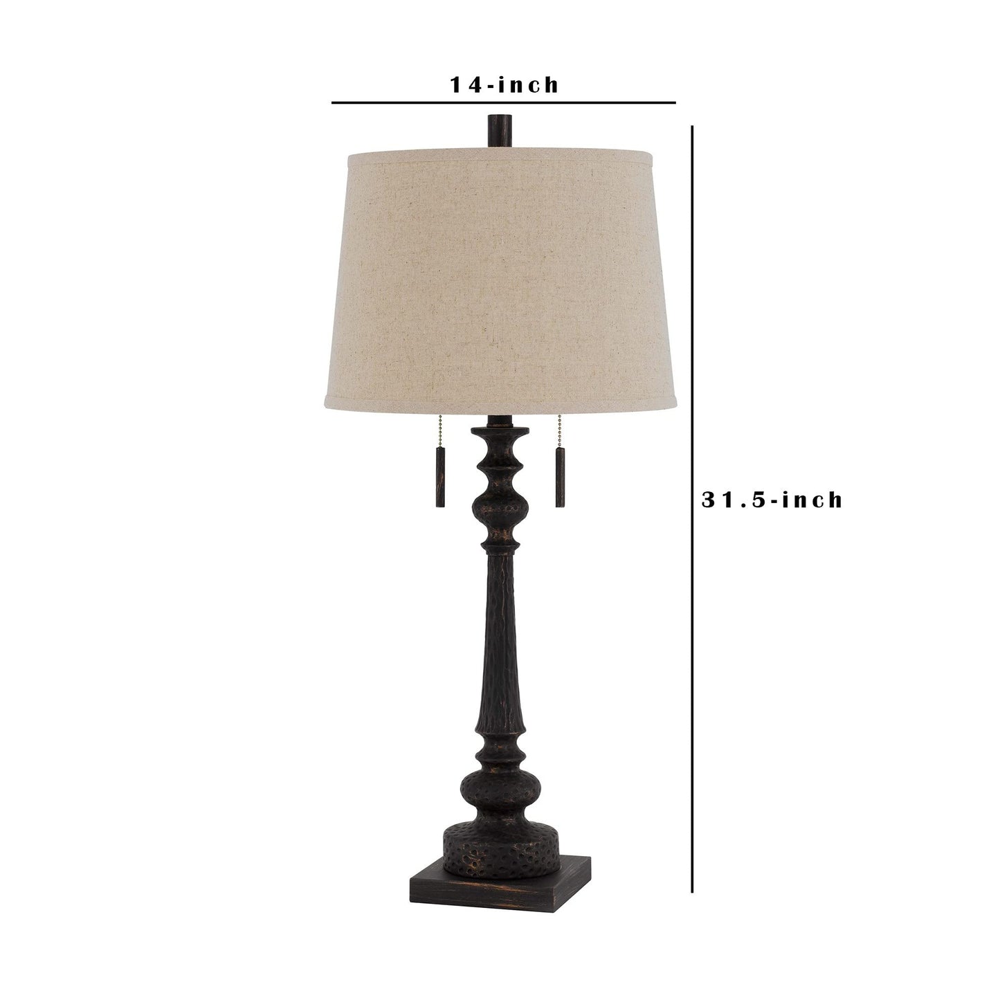 Benzara Table Lamp with Tubular Resin Support, Pull Chain, Dark Bronze, Model BM241869, Plastic/Metal/Fabric