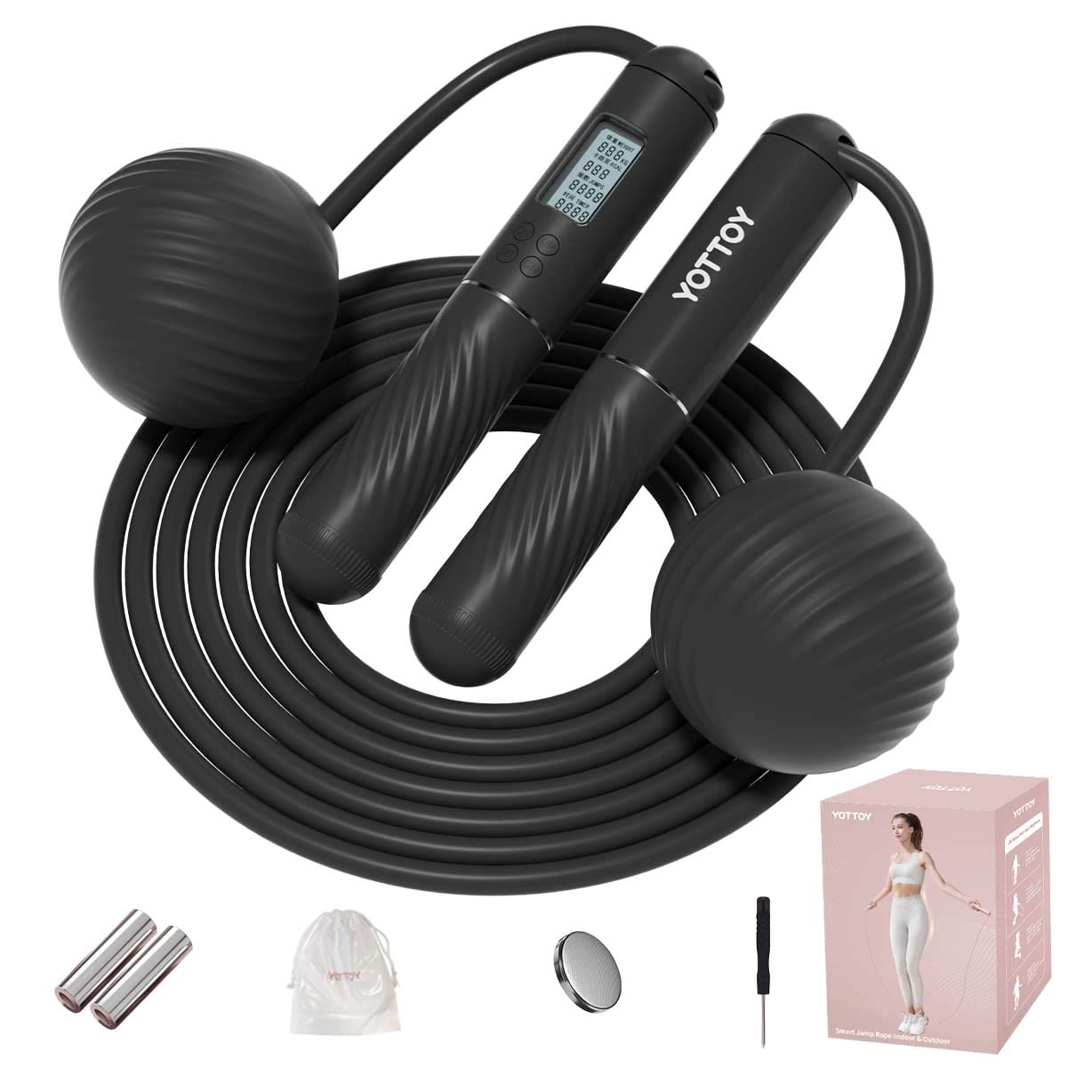 YOTTOY Skipping Ropes for Adults -Cordless Counter Jump Rope with Large Cordless Ball-Weighted Jump Rope for Women with LCD Display