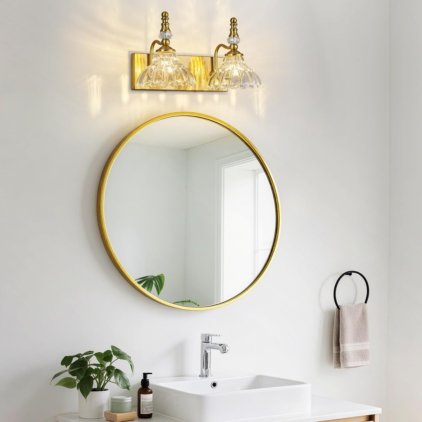 Lbsqj Vintage Bathroom Vanity Light 2-Light Gold Vanity Lighting Fixture With Flower Glass Shade Bathroom Lighting Fixtures Over Mirror
