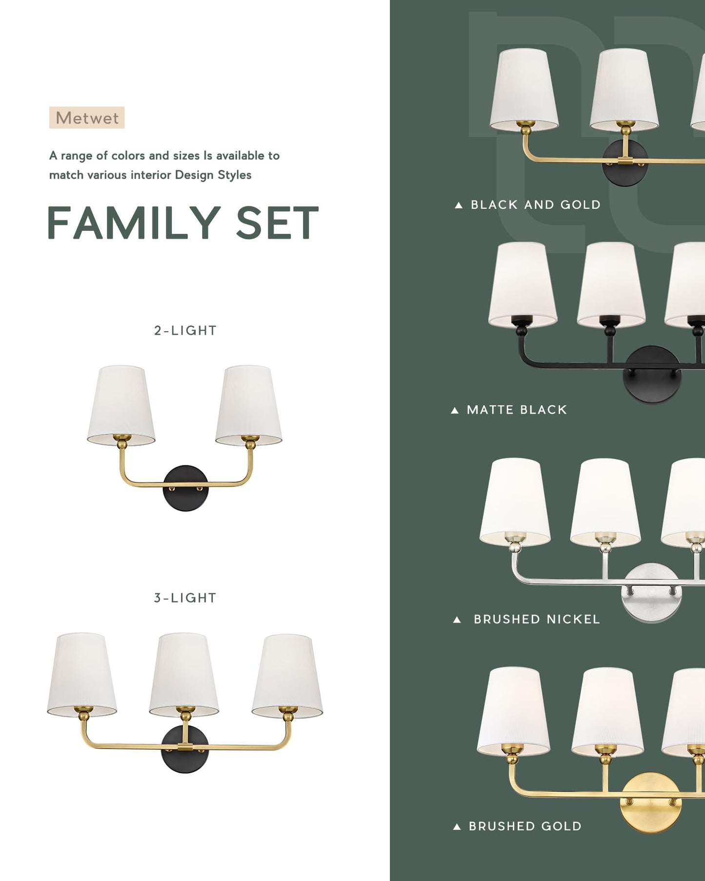 Metwet Bathroom Light Fixtures Black And Gold Vanity Lights With Flared White Fabric Shade 3-Light Wall Sconce Modern Sconces Wall Lighting For Hallway Bedroom Vl837-Kg-3