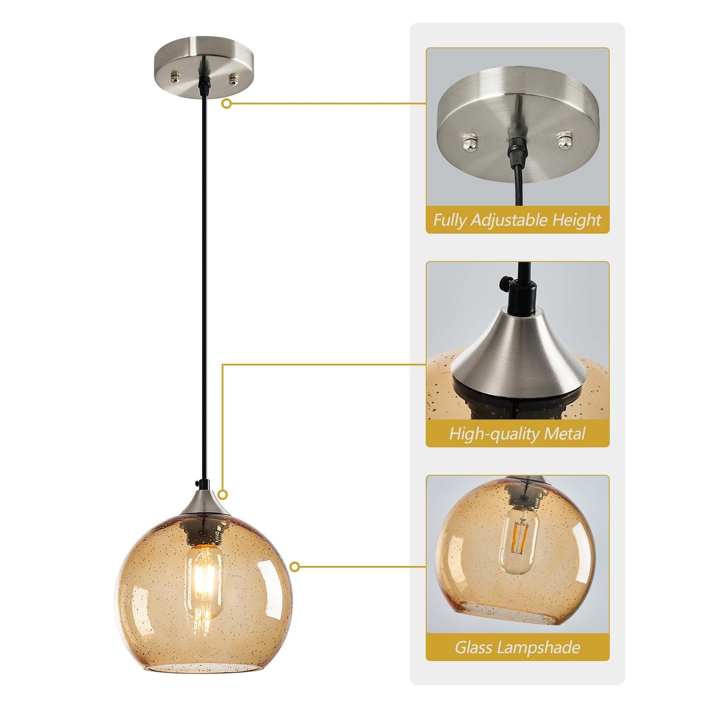 Lbsqj Light Brown Glass Pendant Lights Kitchen Island Lighting Globe Pendant Light Fixtures Modern Pendant Lighting For Bedroom Living Dining Room Light Fixture (7.87 In 3 Pack)