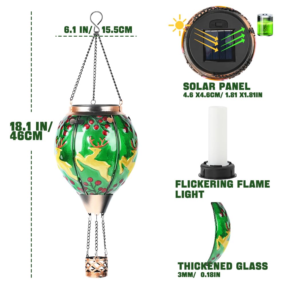Solar Powered Hot Air Balloon Lantern - Christmas Reindeer Glass Lantern Simulated Flickering & Dancing Flame Outdoor Hanging Yard Light Waterproof Ip65 For Patio Lawn Porch Xmas Decor Gift