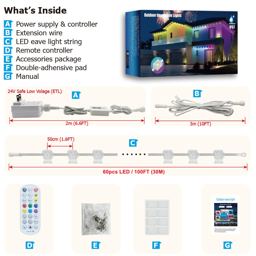 100Ft Permanent Outdoor Light Smart Rgb Plus Ic Outside Lights For House App/Remote Control String Light Work With Alexa Ip67 Waterproof Led Strip For Daily Party Christmas All Holiday Decor