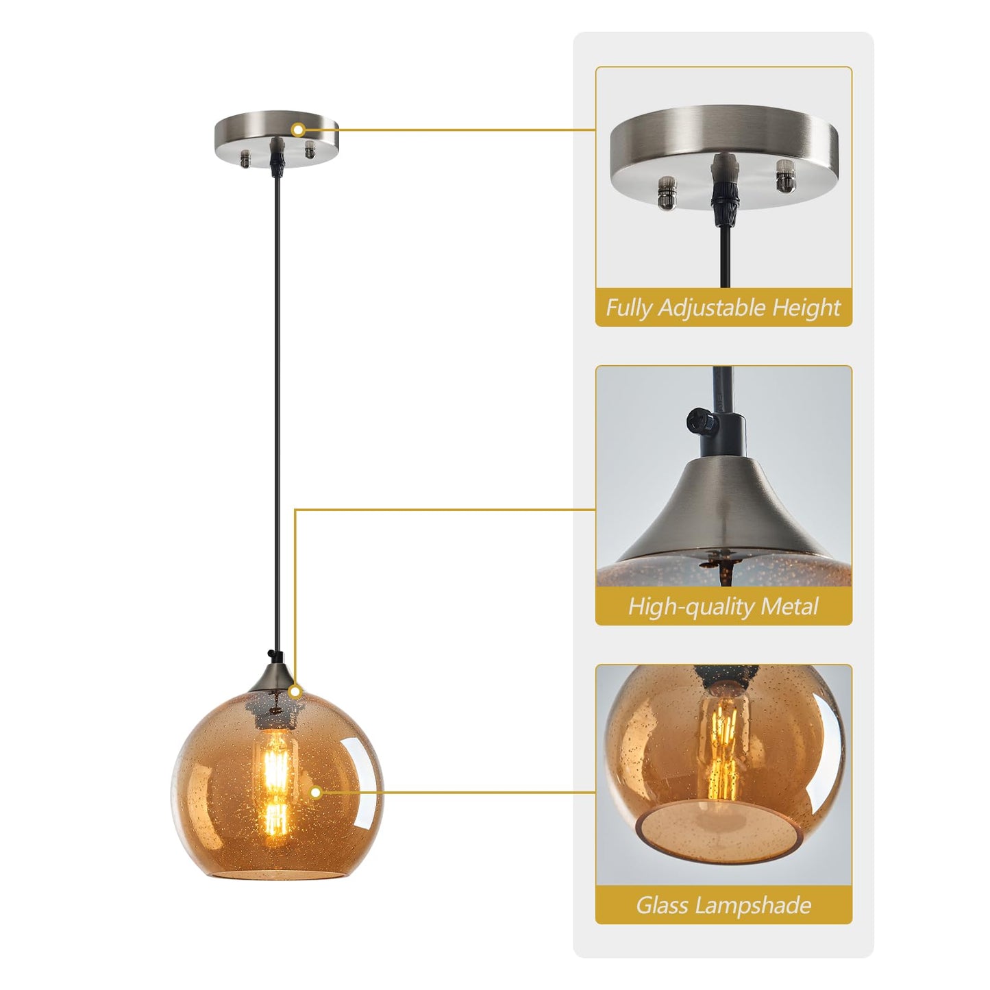 Lbsqj Amber Glass Pendant Lights Kitchen Island Lighting Globe Pendant Light Fixtures Modern Pendant Lighting For Bedroom Living Dining Room Light Fixture (7.87 In 2 Pack)