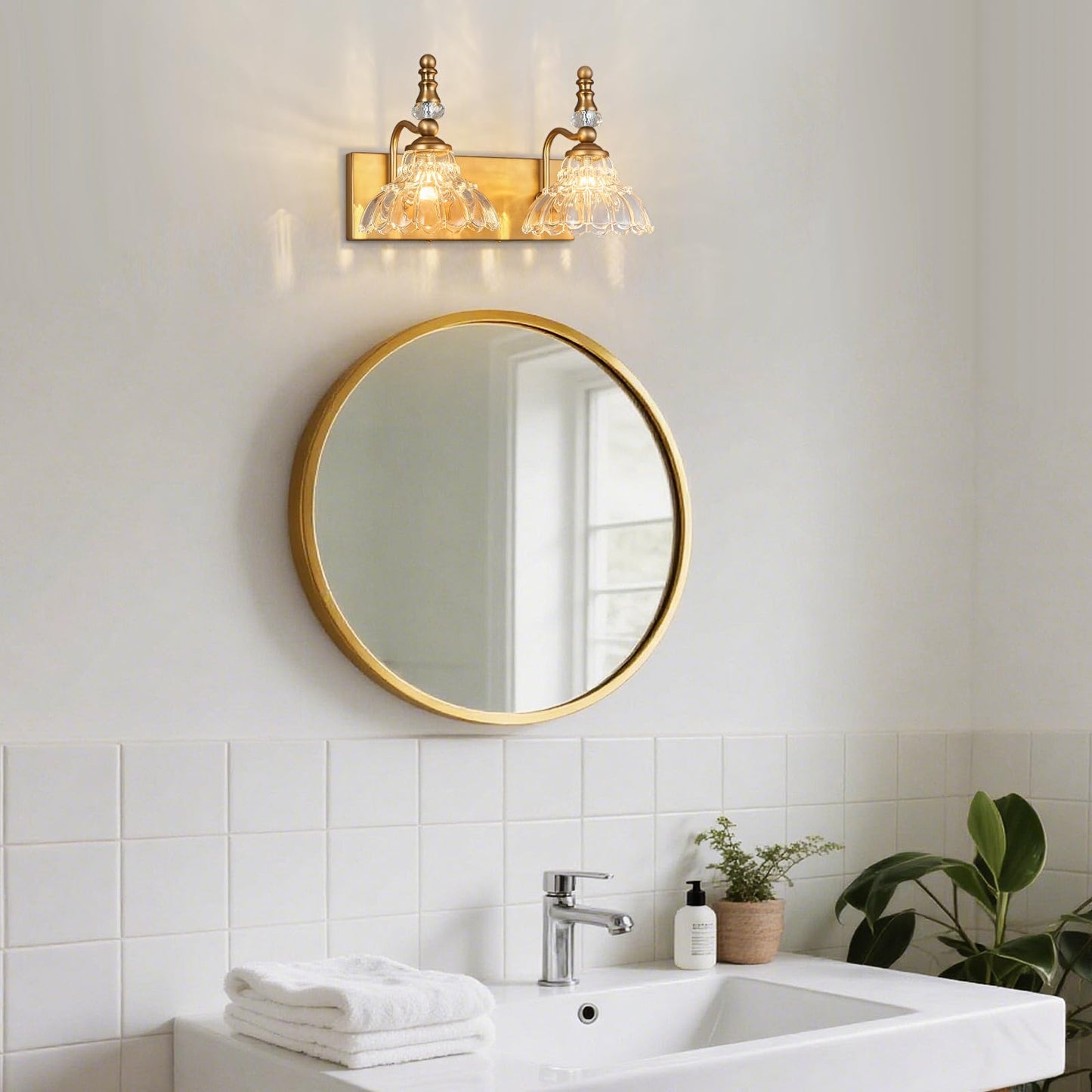 Lbsqj Vintage Bathroom Vanity Light 2-Light Brass Vanity Lighting Fixture With Flower Glass Shade Bathroom Lighting Fixtures Over Mirror
