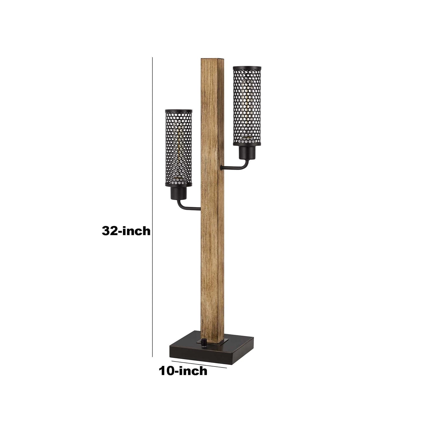 Benzara Wooden Table Lamp with 2 Metal Mesh Shades, Model BM241805, Brown and Black