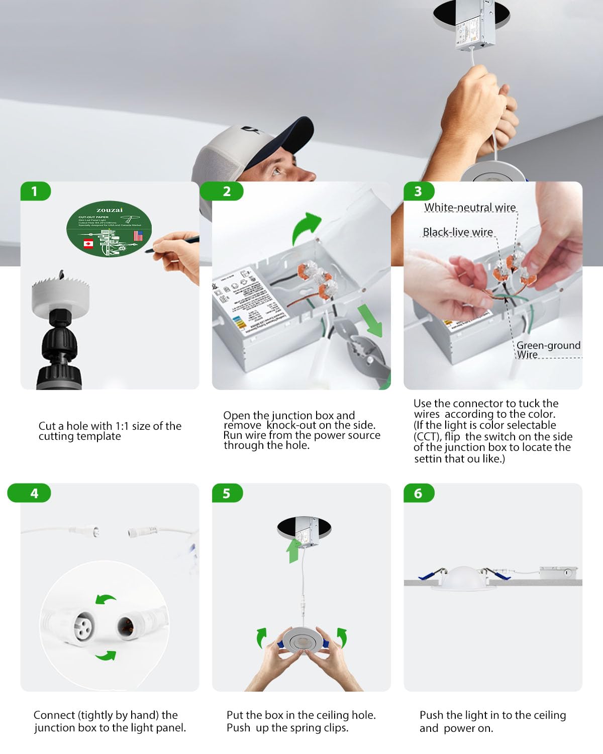 Zouzai 3 Inch 5Cct Gimbal Led Recessed Lighting With Junction Box 2700K/3000K/3500K/4000K/5000K Selectable 7W Eqv 80W 360+90 Adjustable Recessed Lights 800Lm Brightness - Etl (White 6 Pack)