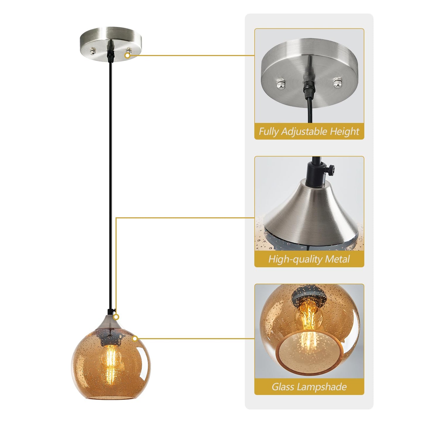 Lbsqj Amber Glass Pendant Lights Kitchen Island Globe Pendant Light Fixtures Modern Pendant Lighting For Bedroom Living Dining Room Light Fixture (5.9 In 1 Pack)