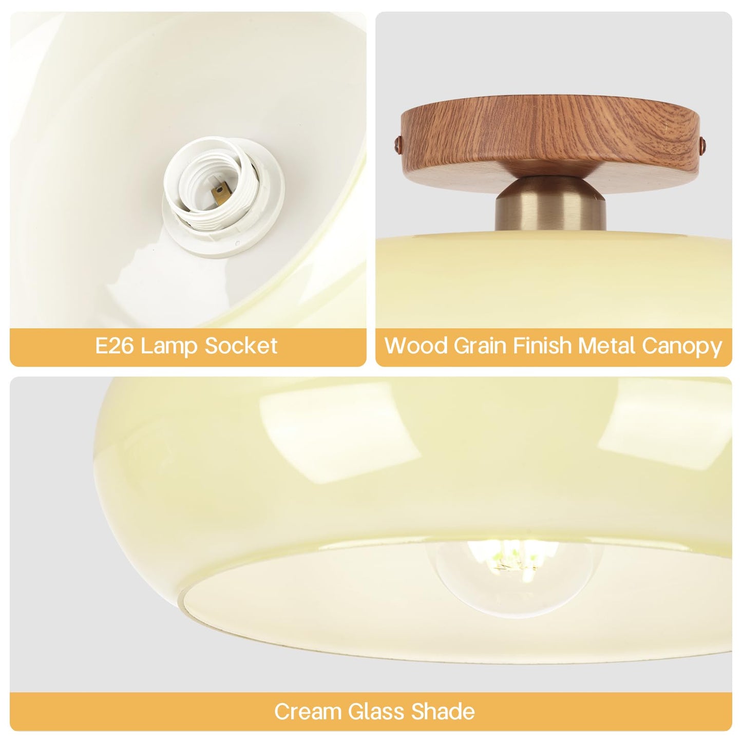 Clarsyne Mid Century Modern Schoolhouse Semi Flush Mount Ceiling Light Cream Glass Lamp With Wood Grain Metal Base Rustic Farmhouse Lighting Fixture For Bedroom Hallway Dining Living Entryway