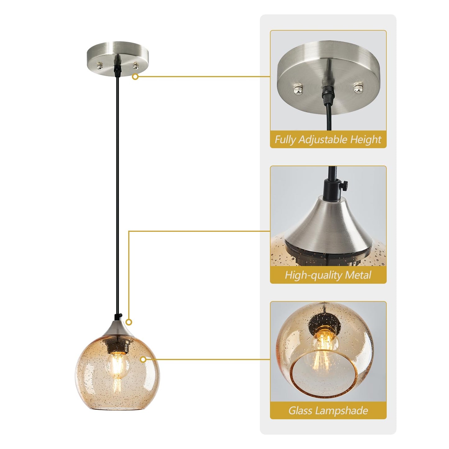 Lbsqj Light Brown Glass Pendant Lights Kitchen Island Globe Pendant Light Fixtures Modern Pendant Lighting For Bedroom Living Dining Room Light Fixture (5.9 In 2 Pack)