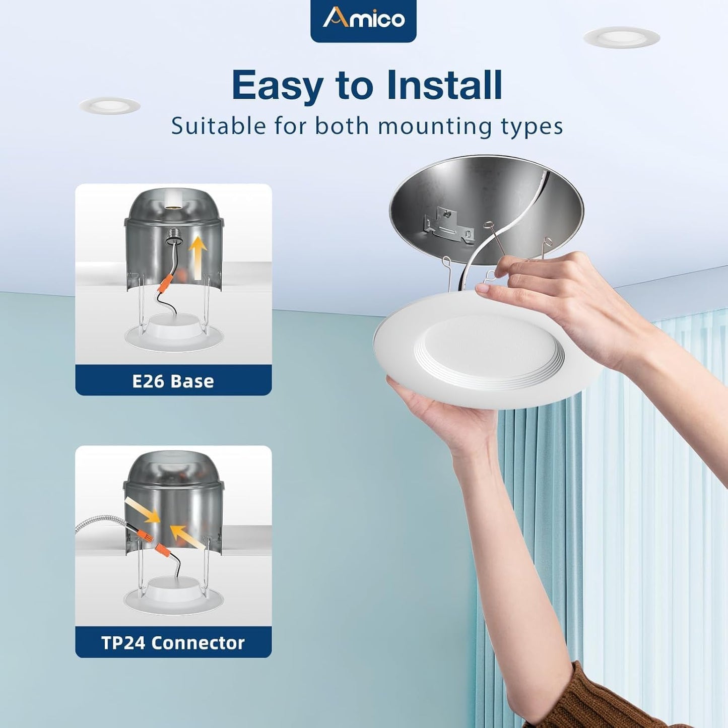 Amico 5/6 Inch 5Cct Led Recessed Lighting 6 Pack Dimmable Ic Rated 12.5W=100W 950Lm Can Lights With Baffle Trim 2700K/3000K/4000K/5000K/6000K Selectable Retrofit Installation Etl & Fcc