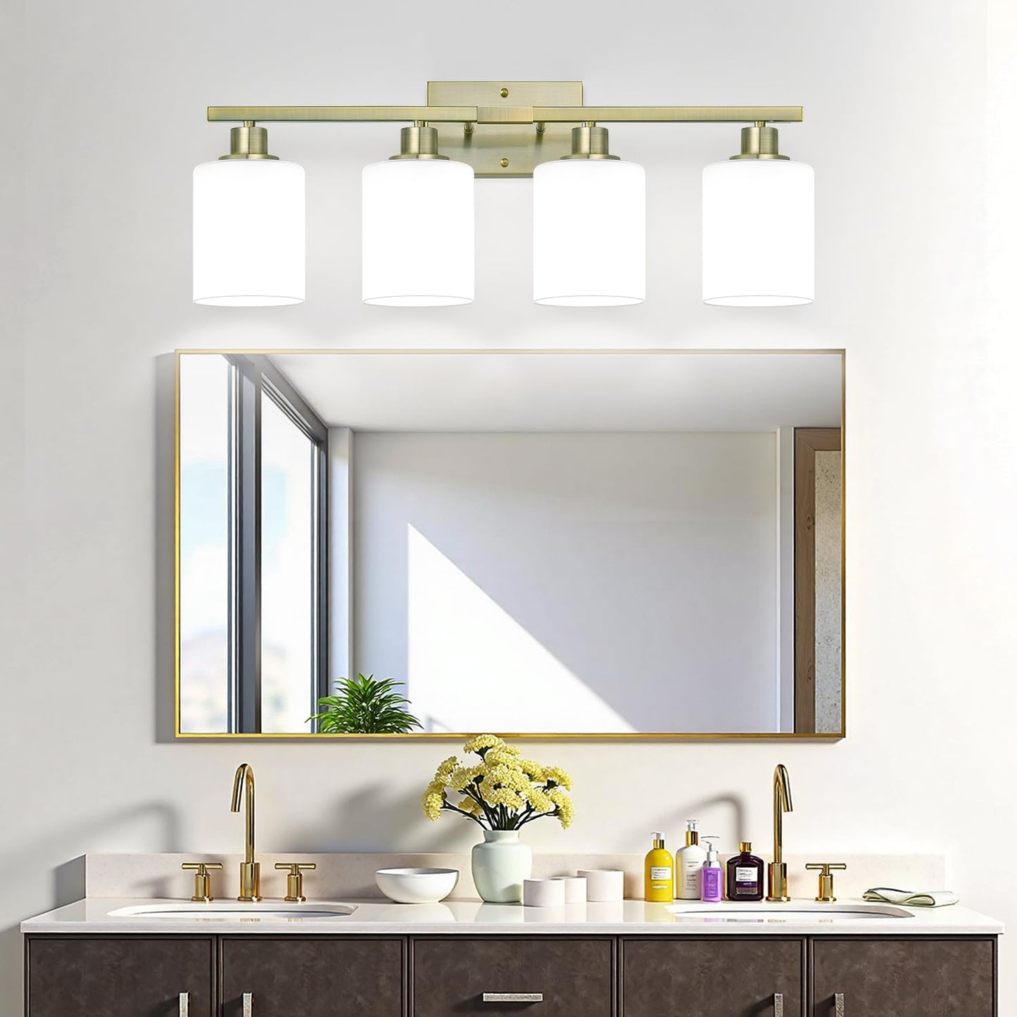 Mokatng 4-Light Bathroom Light Fixtures Brass Vanity Light With Milky White Shades Bathroom Lighting Fixtures Over Mirror Modern Bathroom Wall Lamp For Mirror Living Room Cabinet Bedroom