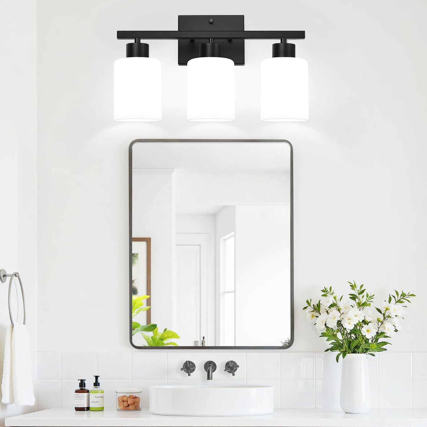 Meybiok 3-Light Bathroom Light Fixtures Black Vanity Lighting Fixtures With Milky White Frosted Glass Shades Bathroom Wall Lamp With E26 Socket For Mirror Living Room Bedroom