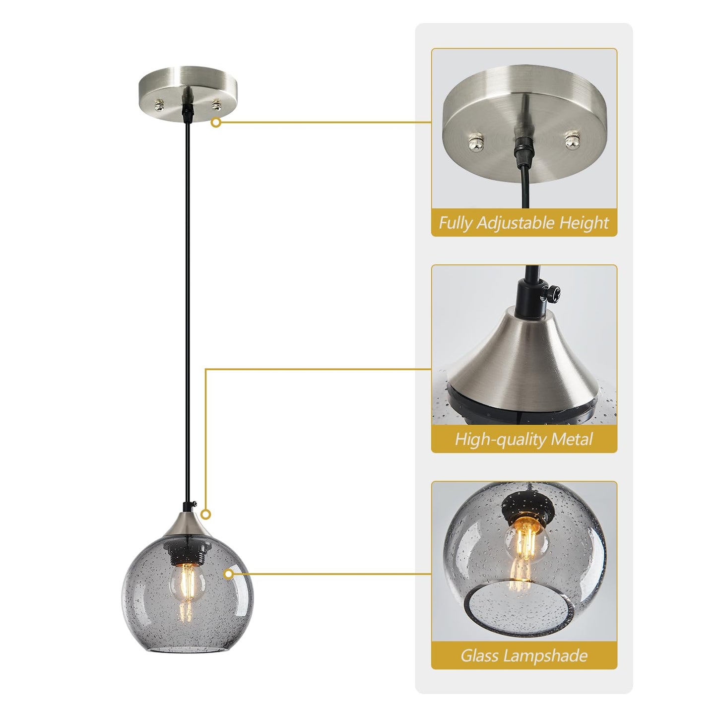 Lbsqj Light Grey Glass Pendant Lights Kitchen Island Globe Pendant Light Fixtures Modern Pendant Lighting For Bedroom Living Dining Room Light Fixture (5.9 In 2 Pack)