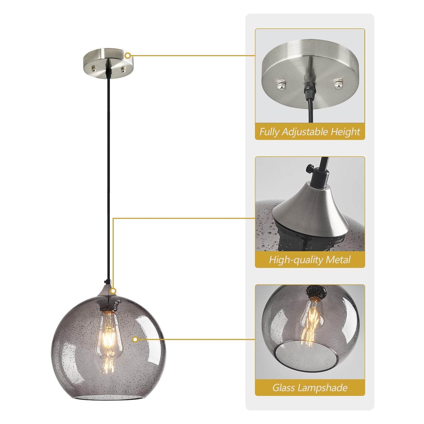 Lbsqj Light Grey Glass Pendant Lights Kitchen Island Globe Pendant Light Fixtures Modern Pendant Lighting For Bedroom Living Dining Room Light Fixture (9.84 In 1 Pack)
