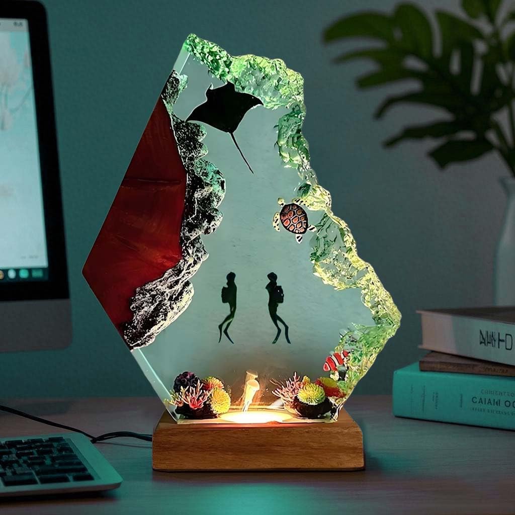 Nice Hera Handmade 3D Ocean Resin Lamp - Usb Powered Resin Ocean Night Light With Wooden Base Variable Lights Scuba Diver Gifts Bedroom Decor Unique Gifts For MotherS FatherS Birthday