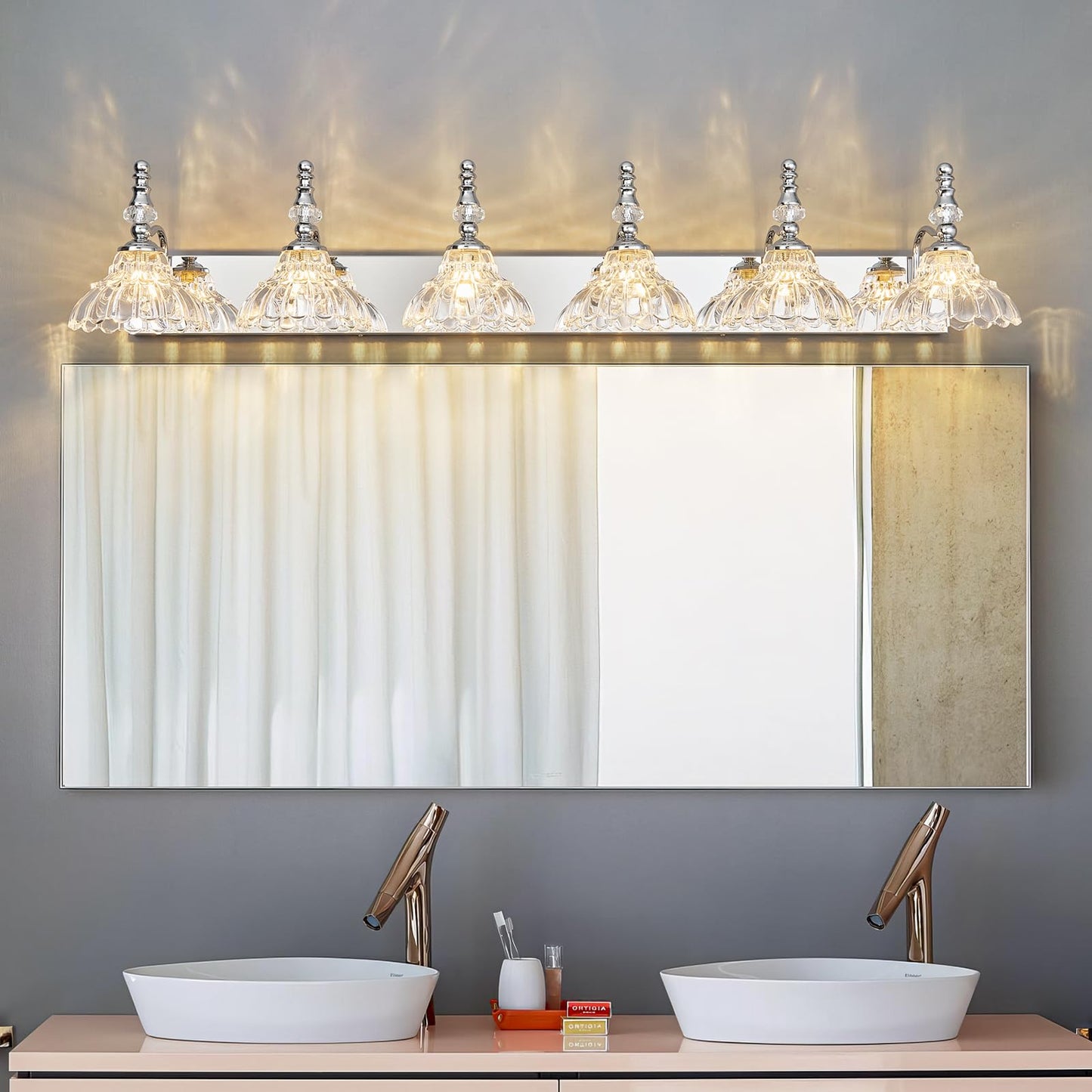 Lbsqj Vintage Bathroom Vanity Light 6-Light Chrome Vanity Lighting Fixture With Flower Glass Shade Bathroom Lighting Fixtures Over Mirror