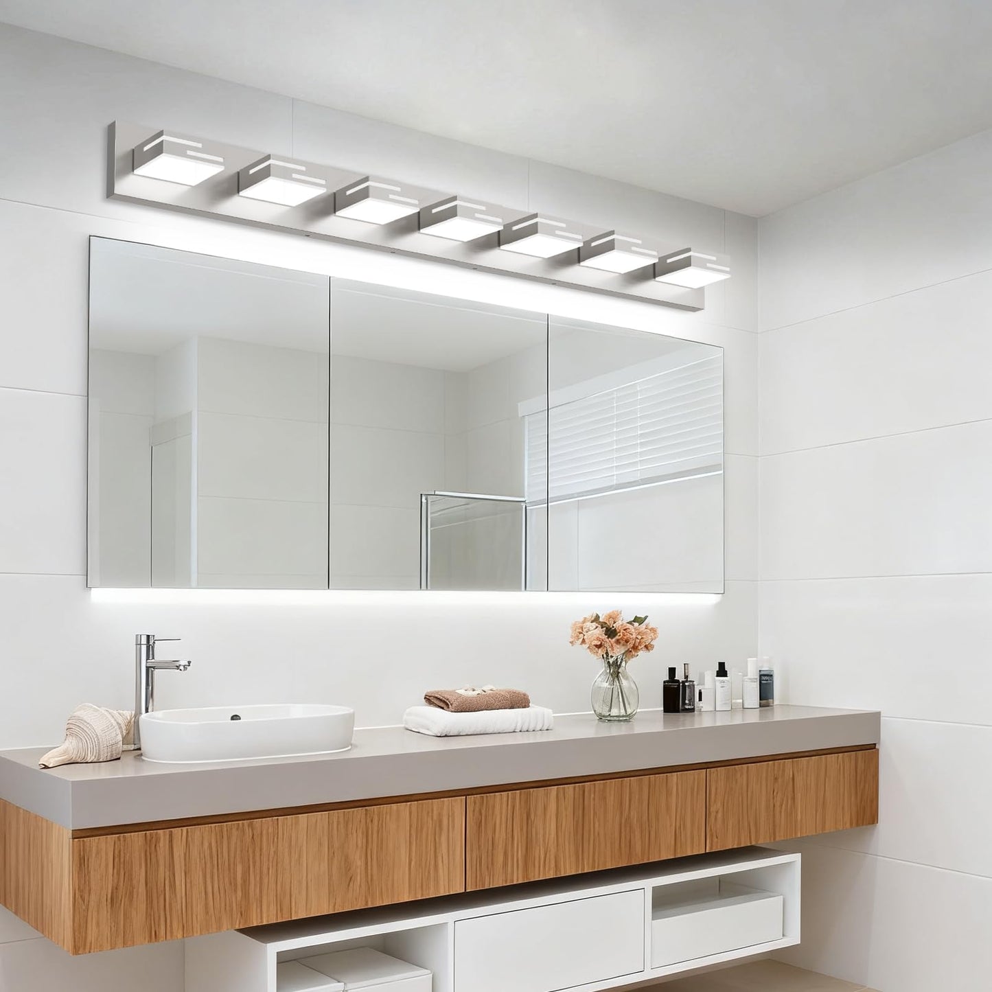 Lkhf Led Modern Bathroom Vanity Light Fixtures 7-Light 48-Inch Dimmable Brushed Nickel Vanity Lights For Bathroom Lighting Fixtures Over Mirror With 350?Rotatable Acrylic Heads (Cool White 6000K)