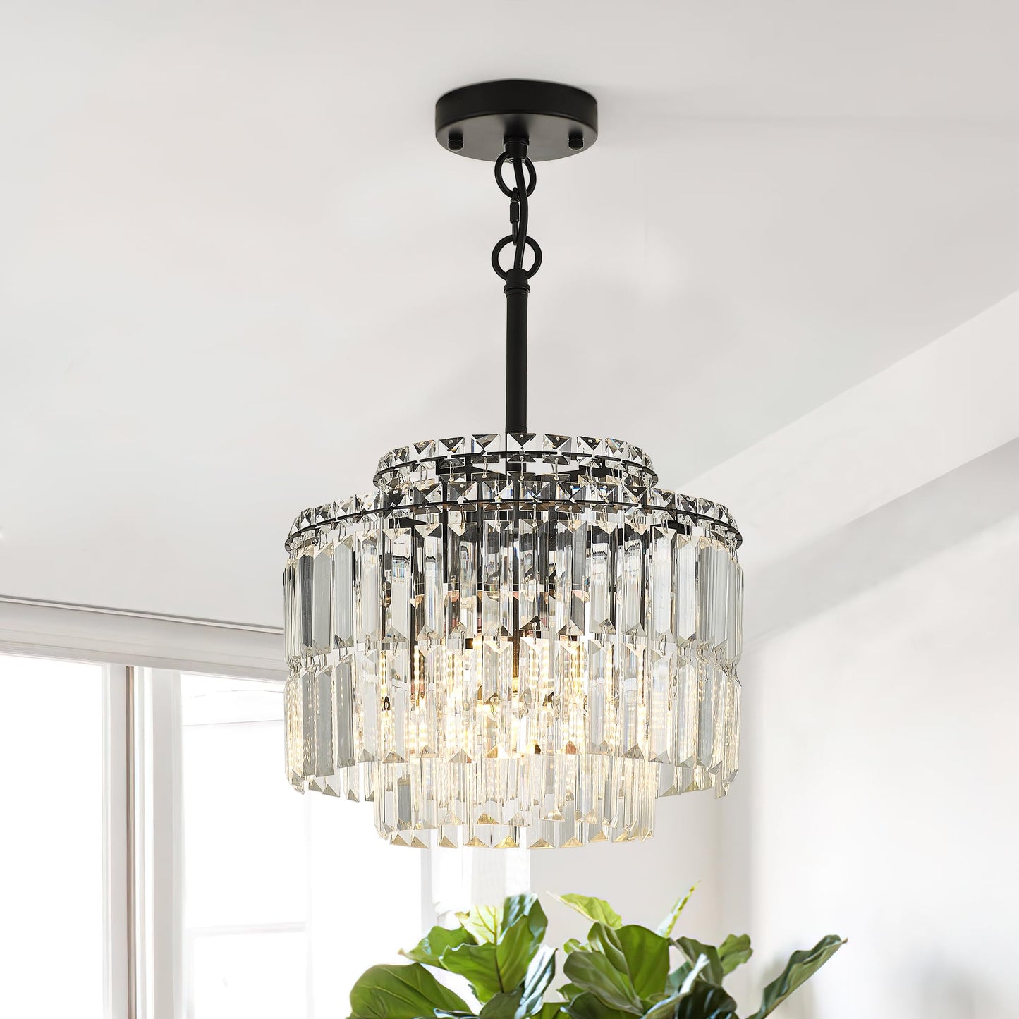 Lighceac Modern 12.8 Black Crystal Chandelier Ceiling Light Fixtures For Dining Room stylish Glam 4-Light Crystal Chandeliers Lighting For Bedroom Entryway Hallway Living Room Kitchen Island Foyer