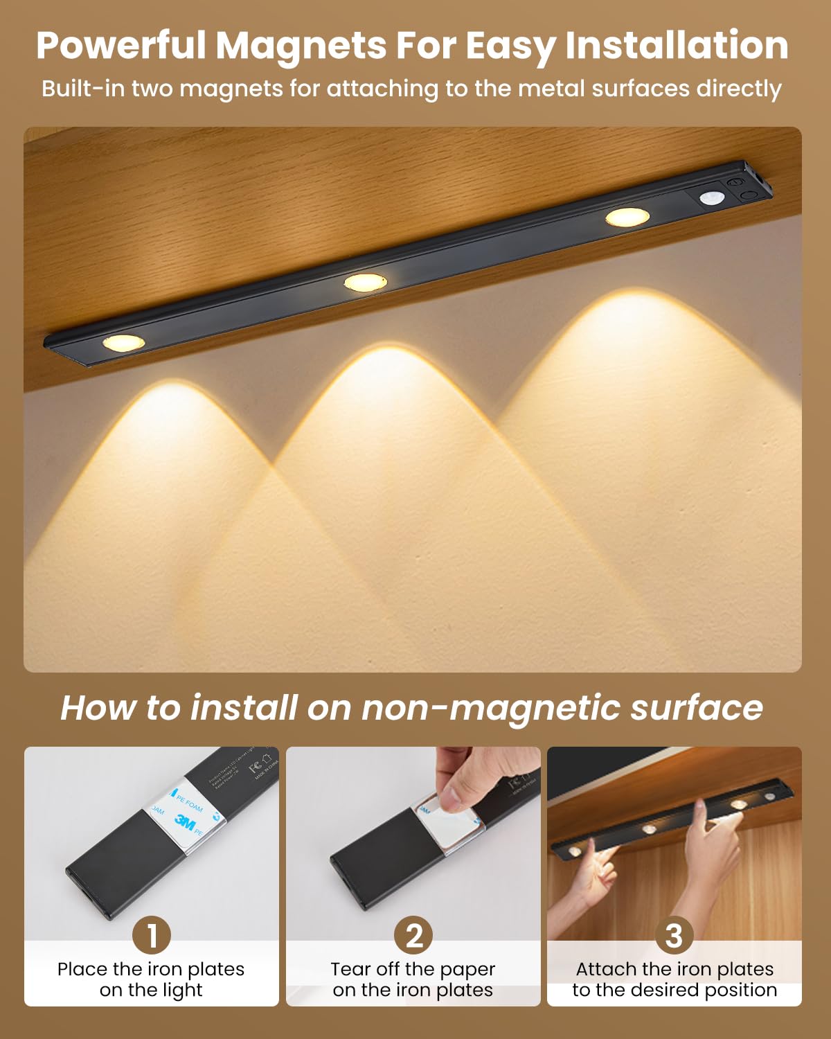 3 Led Under Cabinet Light Under Counter Dimmable Lighting With Motion Sensor Usb Rechargeable Motion Sensor Light Cats Eye Hill Corrugated Effect For Display Cabinet Showcase Wine Cabinet