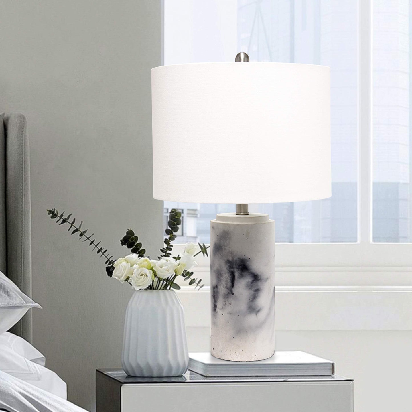 Elegant Designs LT3325-WHT Marble Table Lamp, Fabric Shade, White