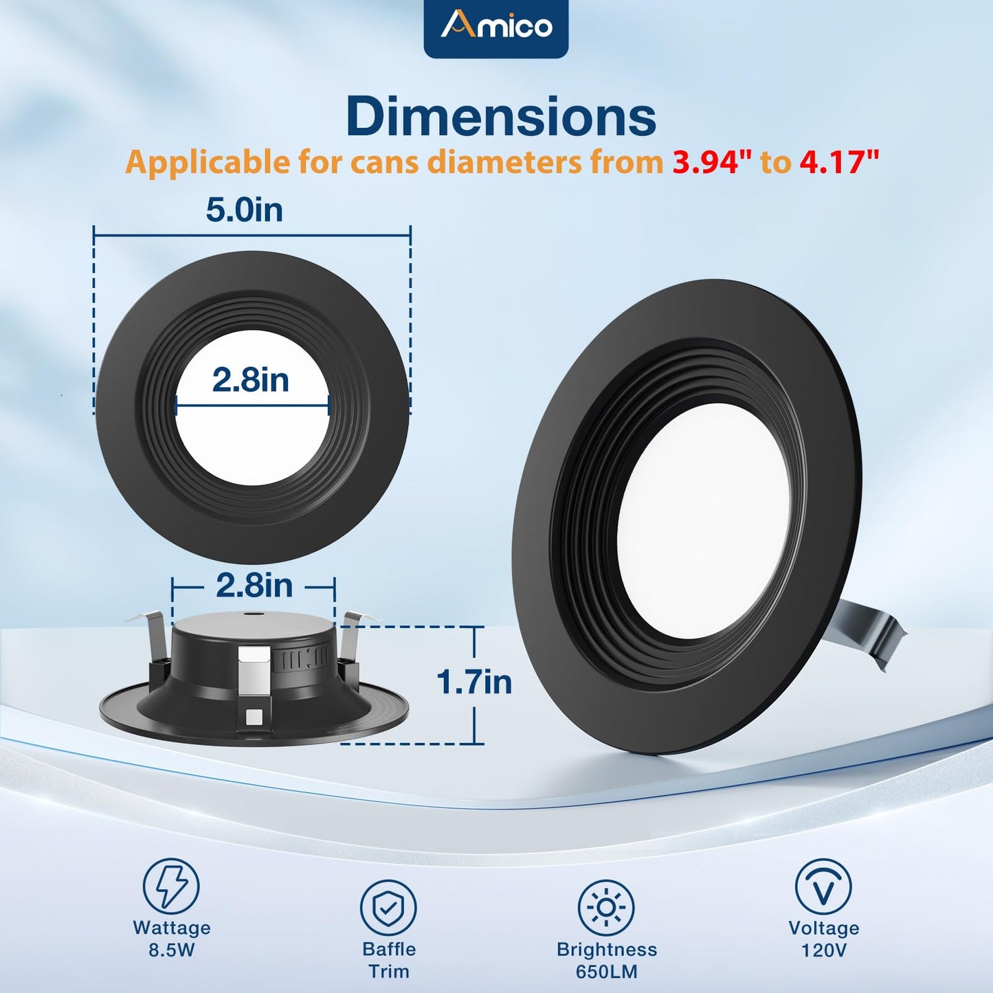Amico 4 Pack 4 Inch 5Cct Led Recessed Lighting Dimmable 8.5W=60W 650Lm 2700K/3000K/4000K/5000K/6000K Selectable Retrofit Can Lights With Baffle Trim Ic Rated - Etl & Fcc Black