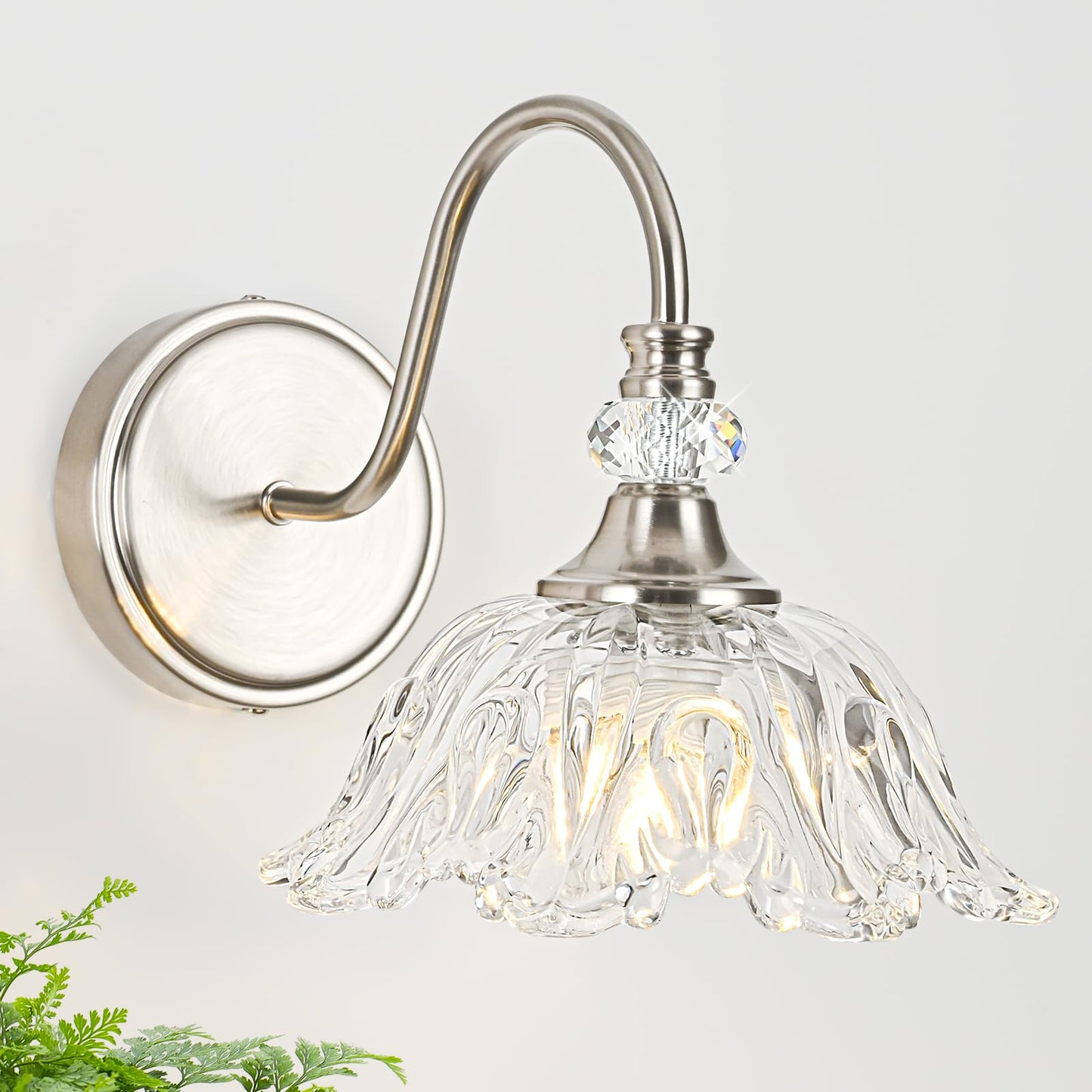 Sunkryster 1 Piece Brushed Nickel Wall Sconce With Floral Clear Glass Shade Brushed Nickel Finish Wall Mount Lighting For Bathroom Modern Bathroom Vanity Light Fixture