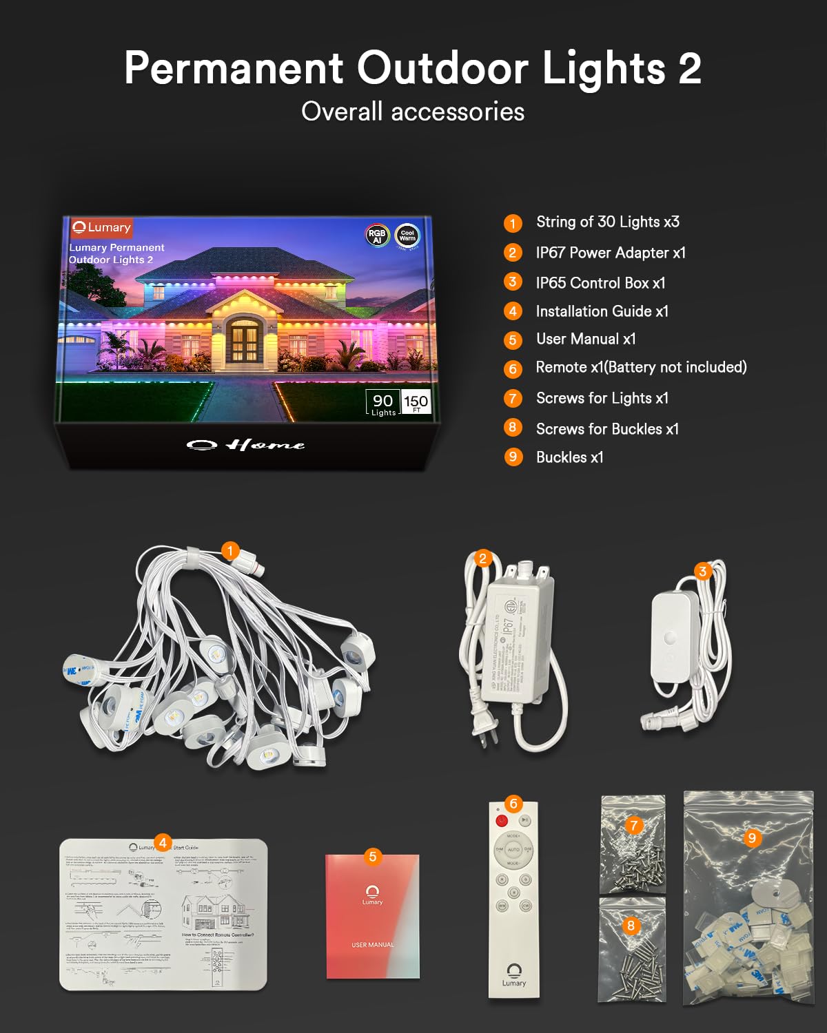 Lumary Smart Permanent Outdoor Lights 2 With Remote & Slide-Base 150Ft With 90 Rgbaicw Leds 5400Lm For Daily & Accent Lighting 110+ Scene For Halloween Christmas Decor Work With Alexa Google White