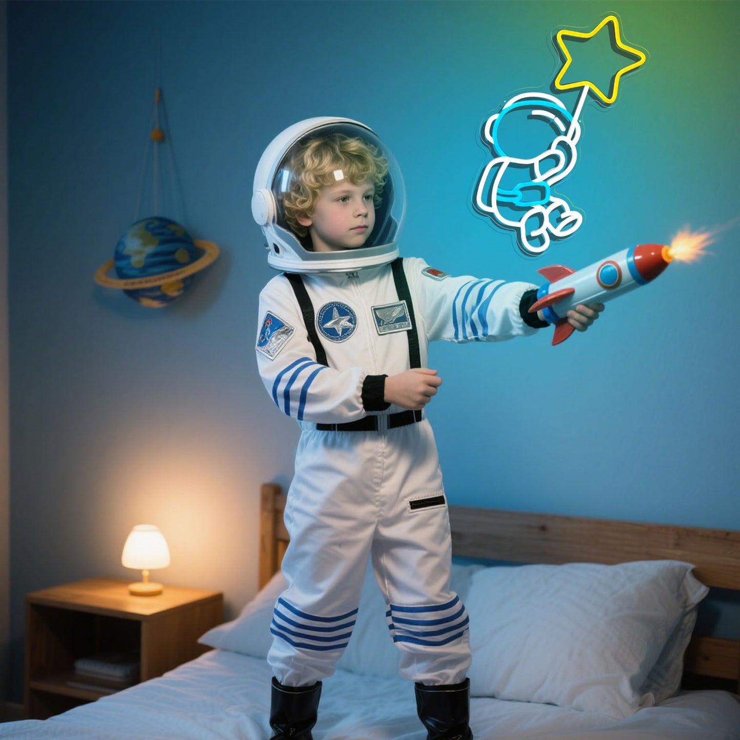 Astronaut Star Neon Sign Spaceman Led Neon Light For Wall Decor Dimmable Astronaut Holding Stars Signs Lights Space Decor For Boys Christmas Gift Kids Game Room Man Cave