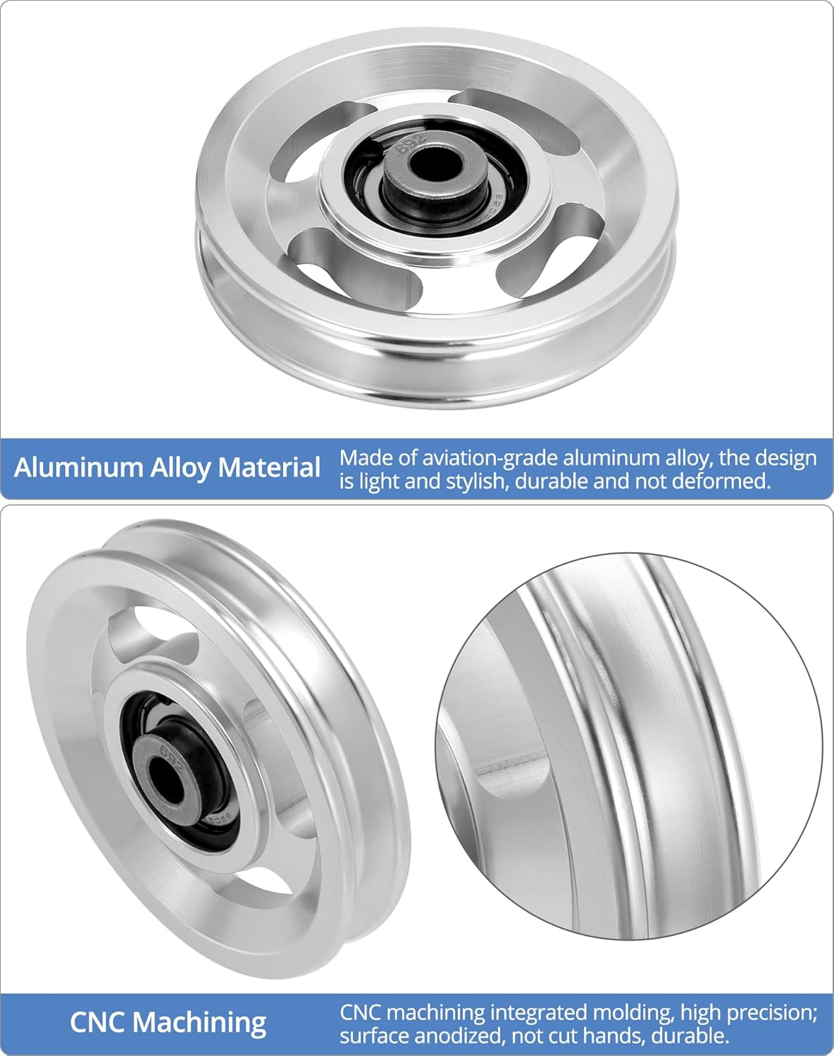 QWORK Universal Aluminium Alloy Bearing Pulley Wheel for Sports Fitness Equipment, 95mm Size, High Load Capacity 660 lbs, 2 Pieces