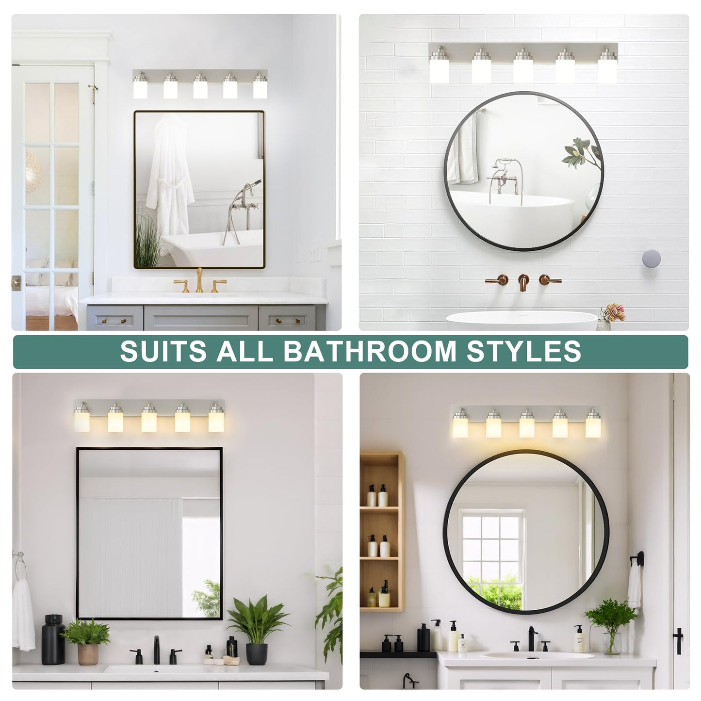 Izorro Bathroom Vanity Light Fixture 5-Light 36 Inch Brushed Nickel Bathroom Light Fixtures Over Mirror With White Glass Shade Modern Farmhouse Vanity Lights Rustic Restroom Lighting Fixtures