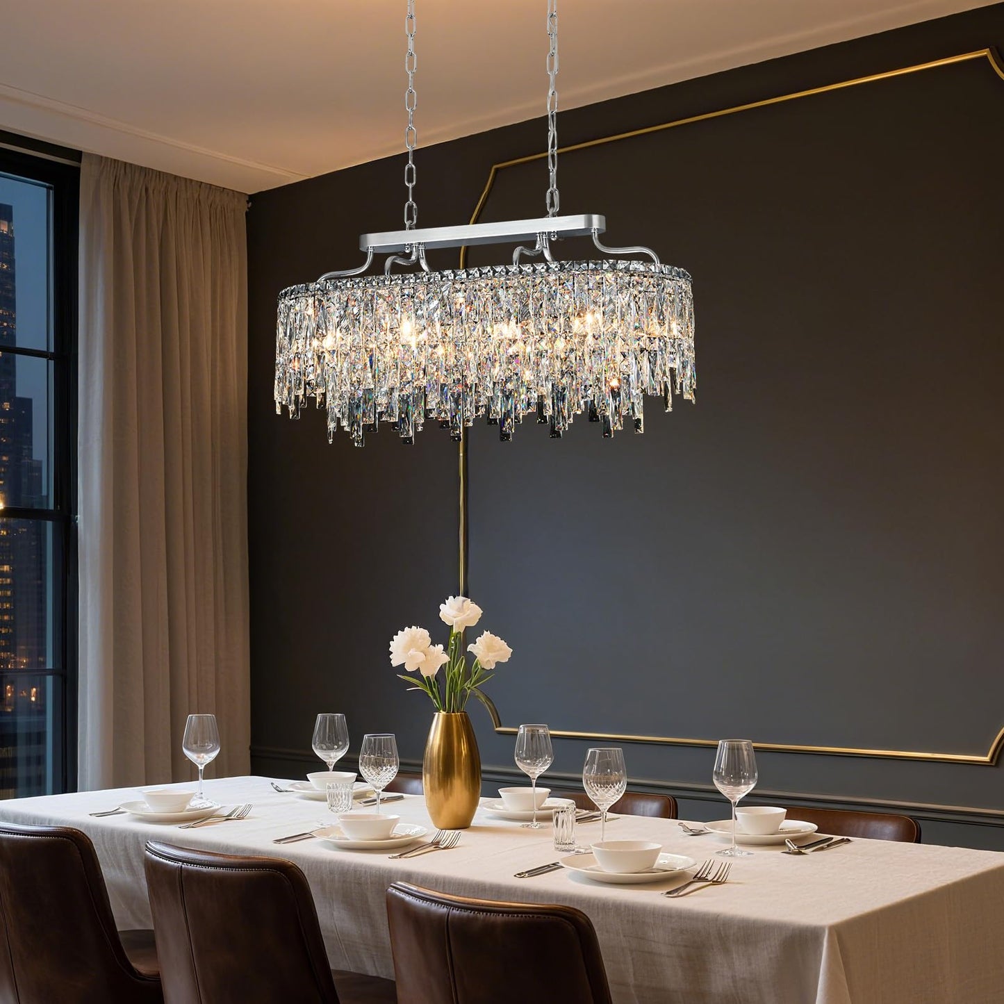Nisidun 10 Light Crystal Chandelier | Chrome Oval-Shaped Crystal Chandeliers For Dining Room Light Fixture 32 Modern Ceiling Lighting Fixture For Dining Room Kitchen Island Bar