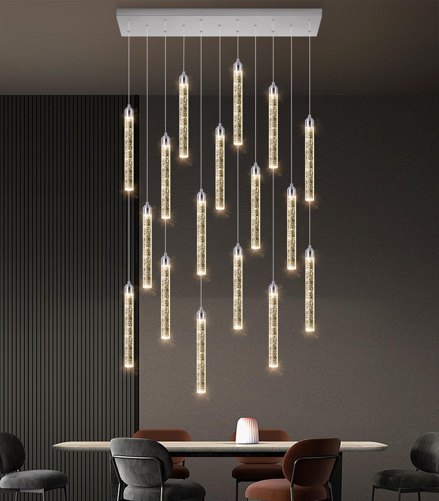 Rectangular Chandeliers 17-Lights Long Light For Entryway Led Dimmable Chandeliers Lighting Fixture Flat Sloped High Ceiling Pendant Lights Crystal For Living Room Foyer Hallway Staircase Silver