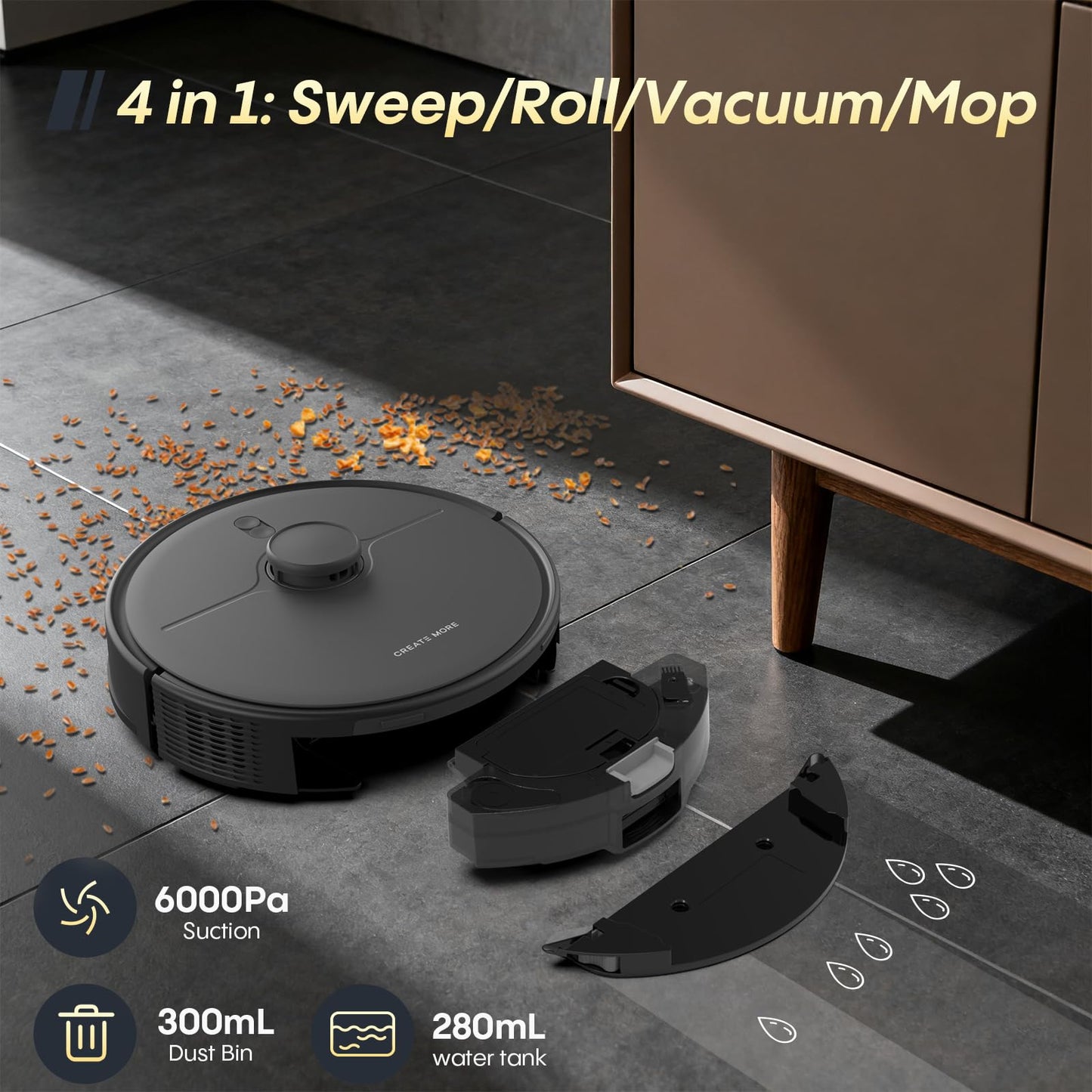 eitton Robot Vacuum and Mop, Self Emptying, 6000Pa Suction, Advanced Smart Mapping, Easy Custom 4 in 1 Robotic Vacuum for Pet Hair, Dust, Carpet, WiFi/Alexa