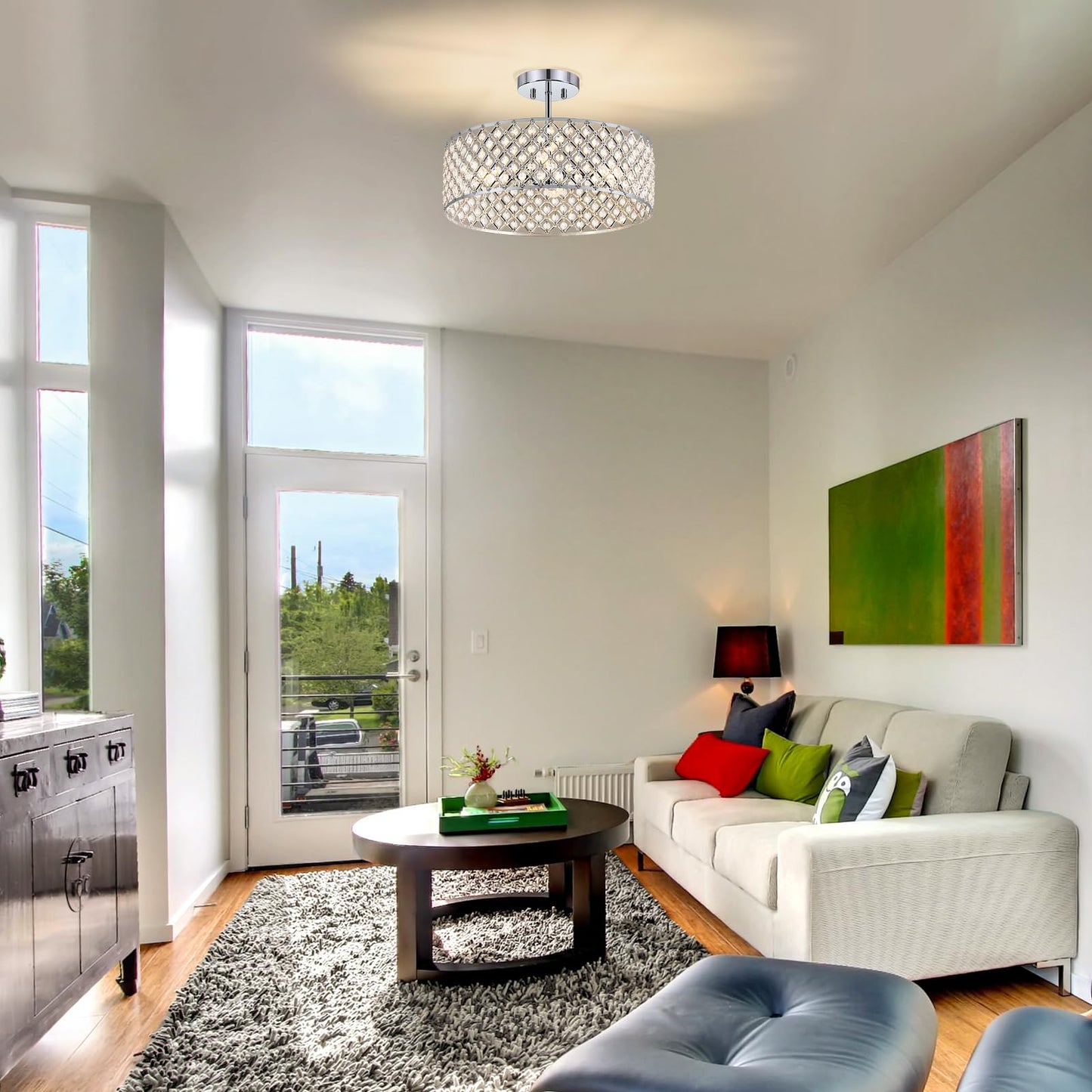 Bzvesr Chrome Crystal Ceiling Light Fixture Modern Semi Flush Mount Ceiling Lighting Fixture Round Small Chandelier For Dining Room Hallway Entryway Kitchen Bedroom Foyer 4 Light 15.7 Inch
